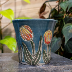 Whispering Orange Tulips Blue Accent Cup