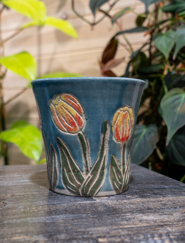 Whispering Orange Tulips Blue Accent Cup