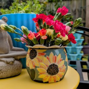Blue & Yellow Sunflower Vase with Ceramic Frog