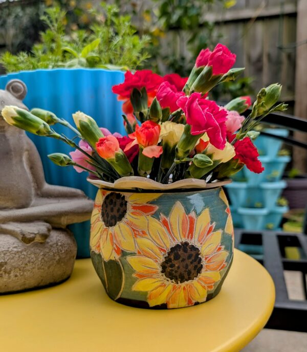 Blue & Yellow Sunflower Vase with Ceramic Frog