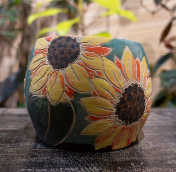 Blue & Yellow Sunflower Vase with Ceramic Frog - Image 4